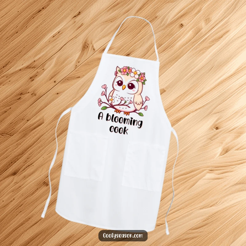 Funny kitchen apron featuring a kawaii owl wearing a flower crown, observing blooming spring buds.