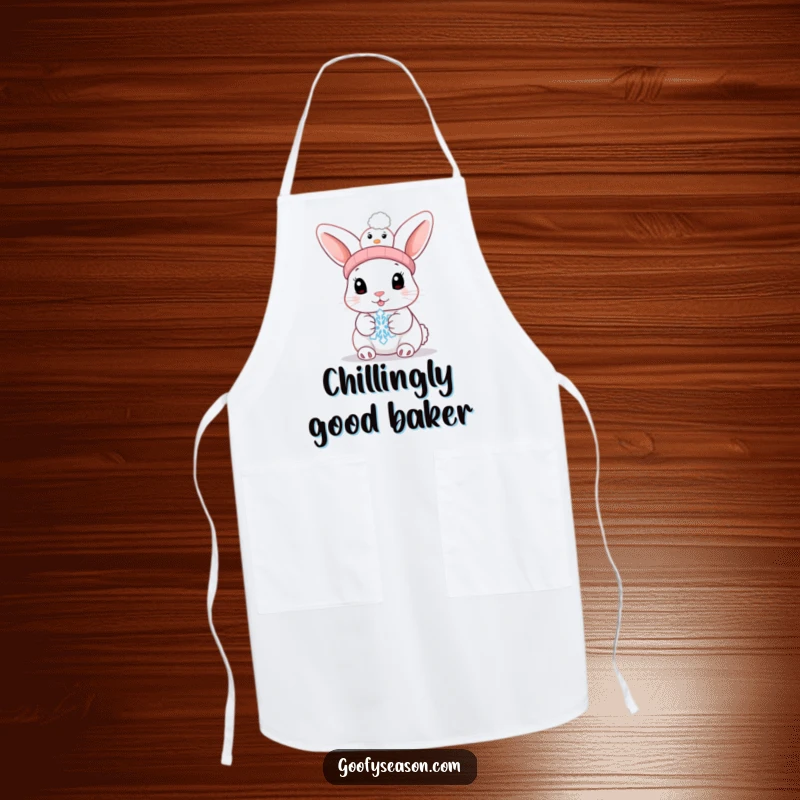 Funny bunny in a snowman hat holding a melting snowflake on a kitchen apron, perfect for cooking.