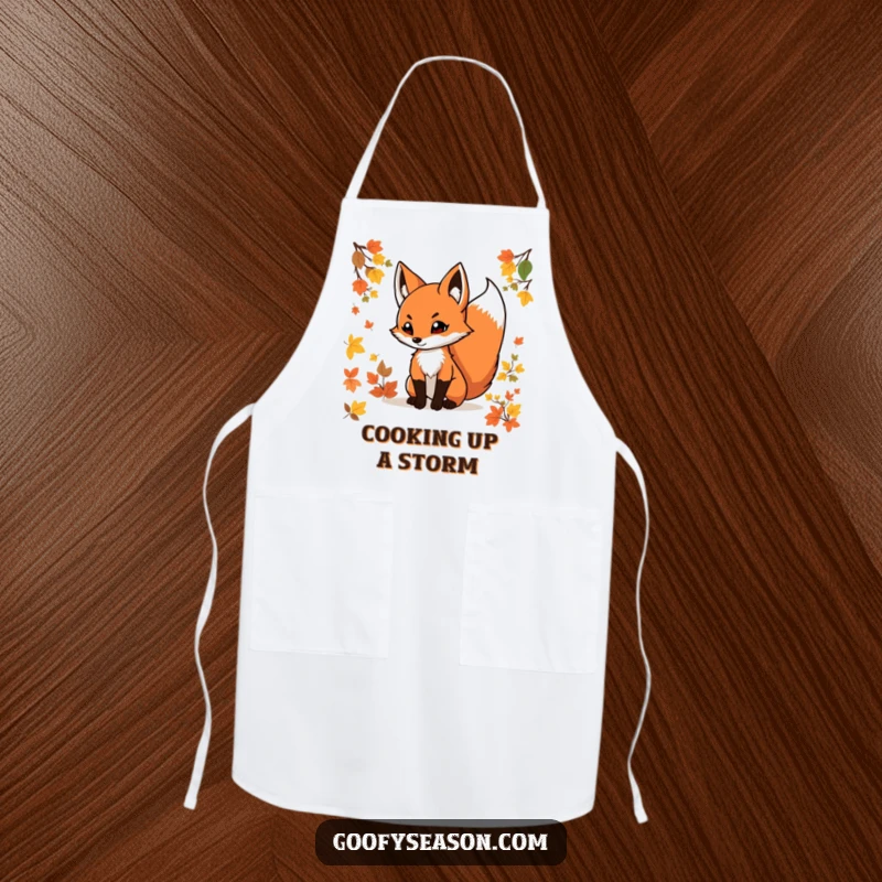 Funny fox apron depicting a determined fox with a swishing tail amidst colorful autumn leaves, ideal for kitchen protection.