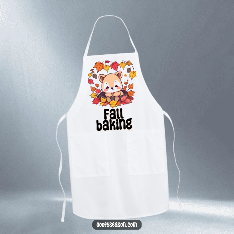 Funny kitchen apron showcasing a content animal character surrounded by colorful falling autumn leaves, ideal for cooking tasks.
