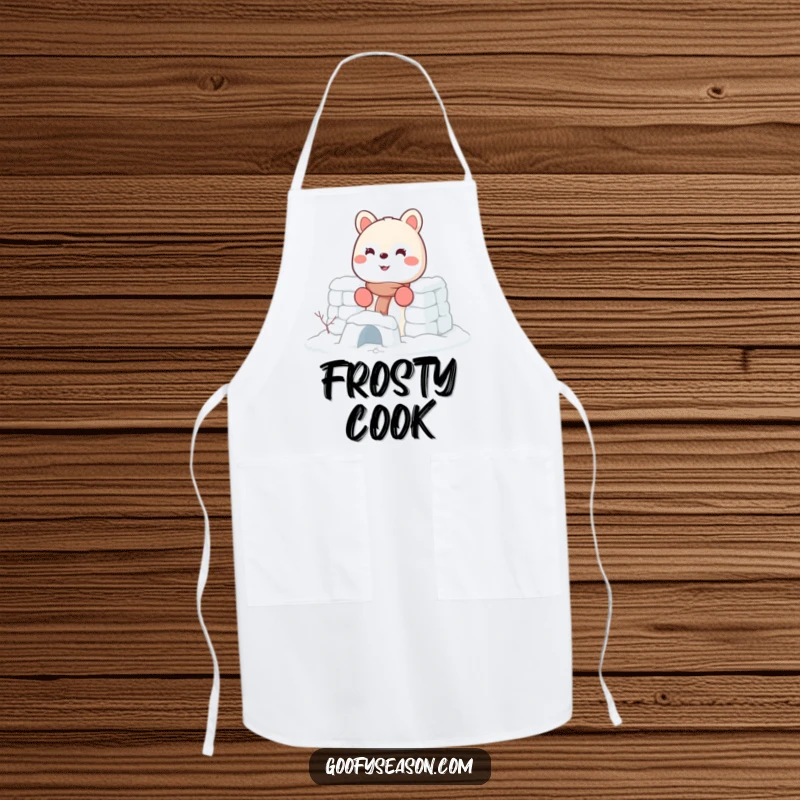 Funny kitchen apron showcasing an energetic smiling animal character wearing tiny mittens and building a snow fort.
