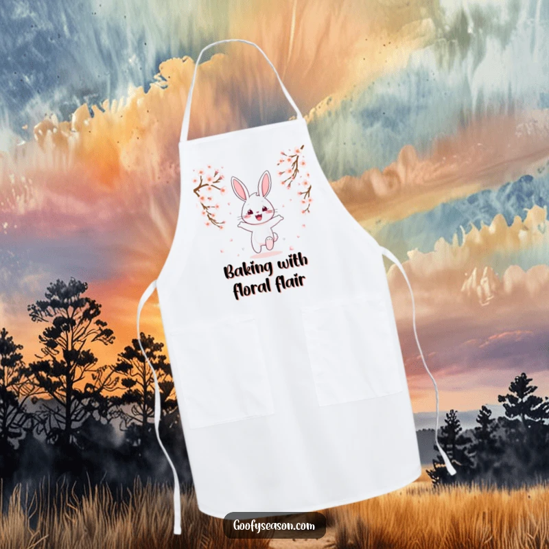 Funny cheerful bunny hopping amidst falling cherry blossoms on a kitchen apron, spring baking humor.