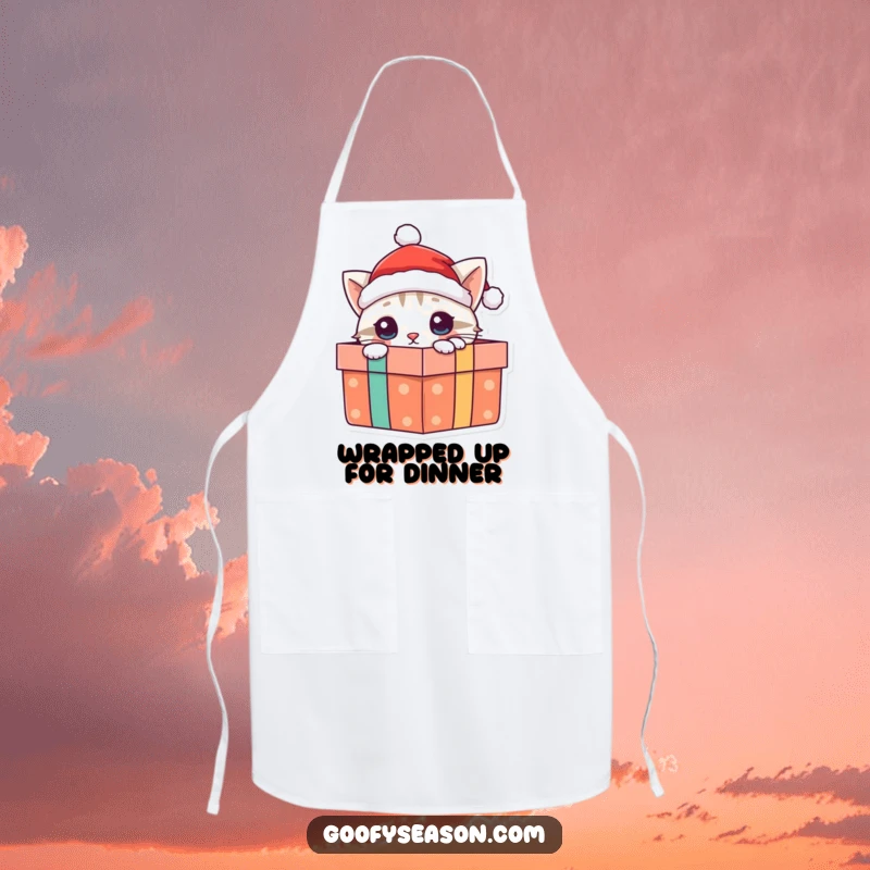 Funny cat apron with a curious holiday cat wearing a Santa hat, peeking from a present while cooking, great for bakers.