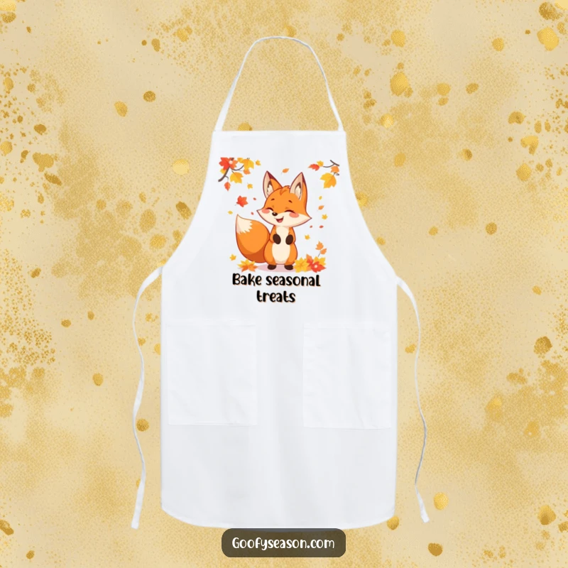 Funny fox character juggling colorful autumn leaves, designed on a functional apron for festive kitchen activities.