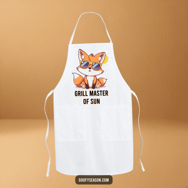 Funny fox character wearing oversized sunglasses, enjoying a sunny beach day on a cooking apron, bringing summer vibes.