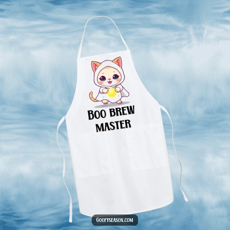 Funny cat in a ghost costume, chasing a glowing orbon a durable kitchen apron for Halloween.