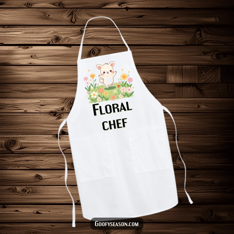 Funny kitchen apron showcasing a joyful animal character dancing exuberantly in a field bursting with colorful blooming flowers.