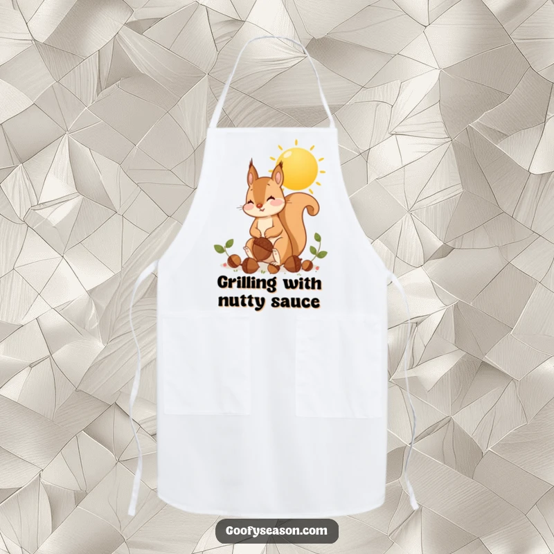 Funny playful squirrel gathering oversized acorns under a golden sun on a kitchen apron, autumn humor.