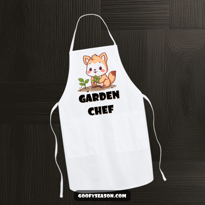 Funny kitchen apron showcasing a determined animal character planting a vibrant seedling with a hopeful expression.
