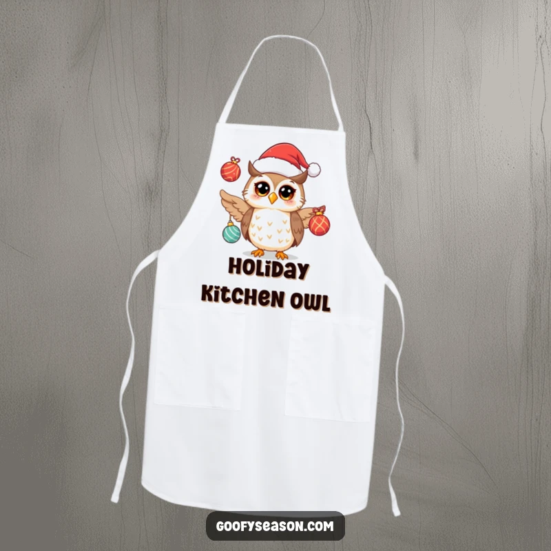 Funny owl wearing a Santa hat, juggling festive ornaments on a kitchen apron, perfect for holiday cooking.