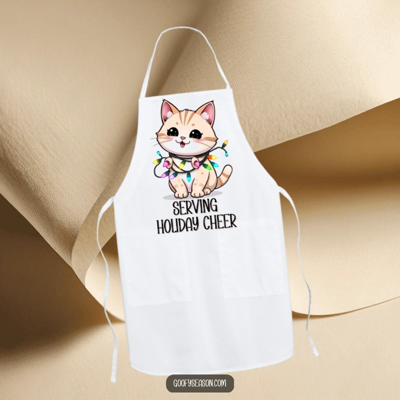 Funny kitchen apron showing an energetic cat blinking playfully while caught in bright holiday Christmas lights.