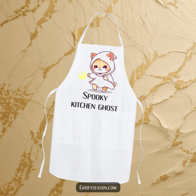 Funny cat wearing a ghost costume chasing a glowing orb on a kitchen apron, perfect for Halloween baking.
