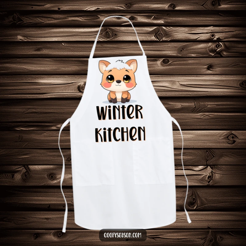 Funny kitchen apron showcasing a curious animal character with wide eyes, observing a gentle, peaceful snowfall.