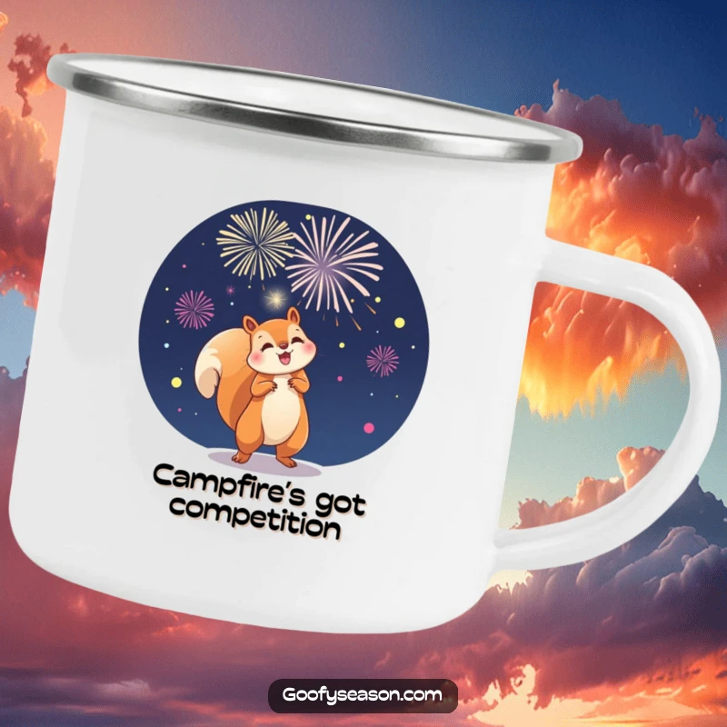 Funny camping mug with a playful squirrel launching fireworks in the night sky, perfect for outdoor celebrations.