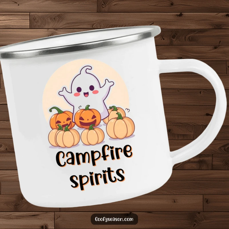 Funny Camping Mug: Happy ghost character playfully surprising pumpkins, perfect for spooky campfire stories.