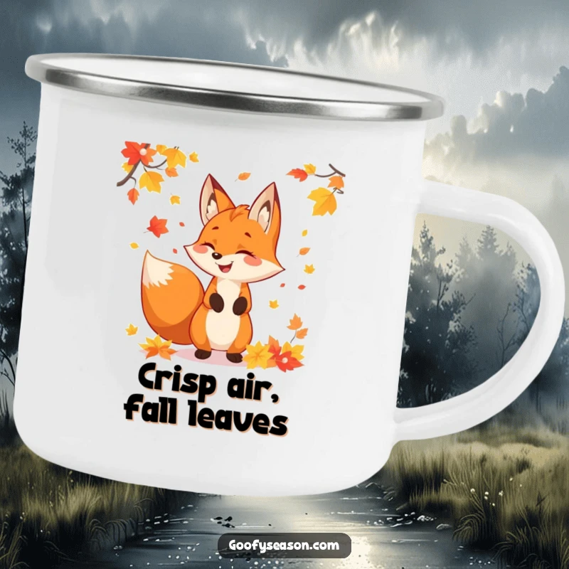 Funny fox character juggling colorful autumn leaves, on a durable camping mug, for festive fall outings.
