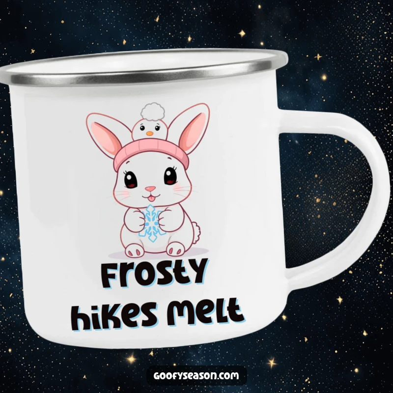 Funny bunny in a snowman hat holding a melting snowflake on a rugged camping mug, for outdoor fun.