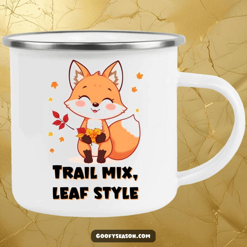 Funny camping mug with a cheerful fox character holding colorful autumn leaves, ideal for fall outdoor activities.