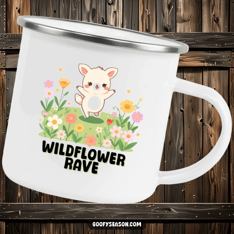 Funny camping mug illustrating a joyful animal character dancing energetically in a field bursting with colorful blooming flowers.