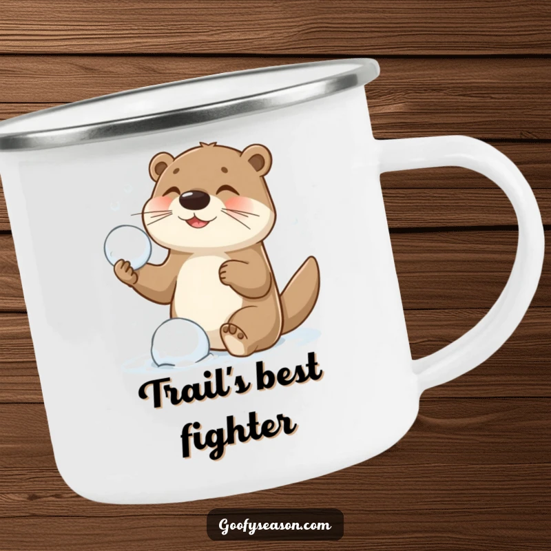 Funny camping mug with a playful otter character in the midst of a hearty snowball fight, perfect for outdoor humor.