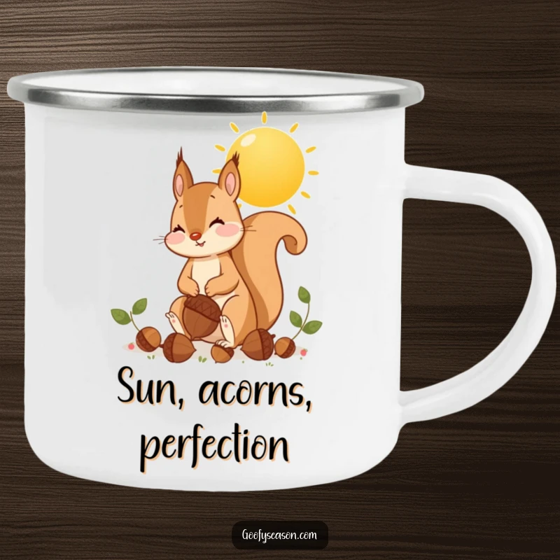 Funny playful squirrel gathering oversized acorns under a golden sun on a camping mug, autumn humor.
