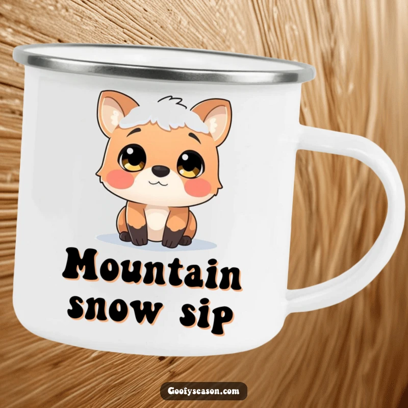 Funny camping mug illustrating a curious animal character with wide, wonder-filled eyes, watching a gentle snowfall.