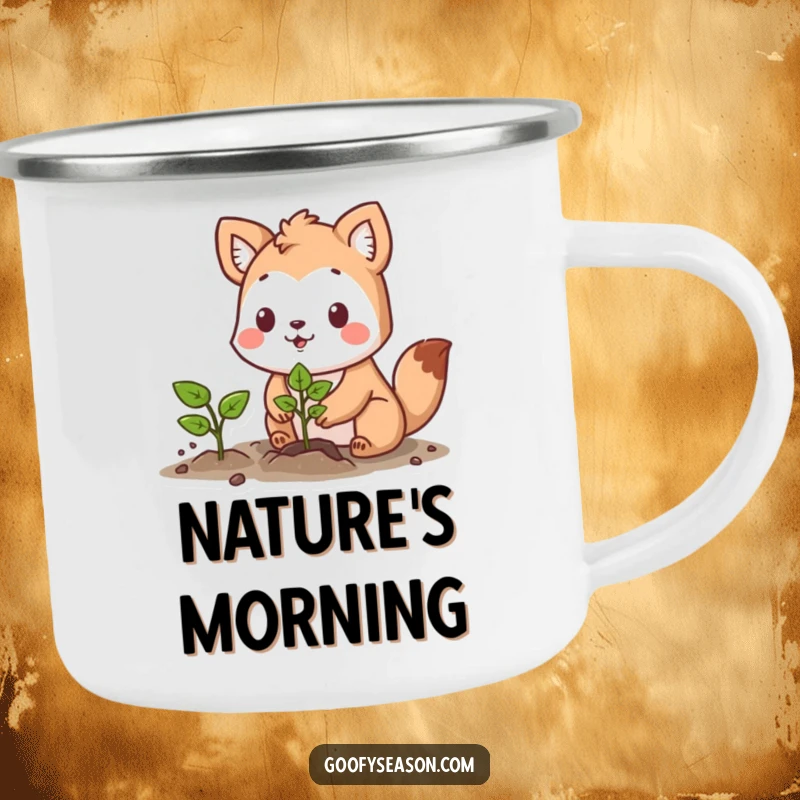 Funny camping mug illustrating a determined animal character planting a vibrant seedling with a hopeful expression.