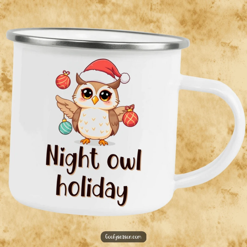 Funny owl wearing a Santa hat, juggling festive ornaments on a rugged camping mug, for holiday adventures.
