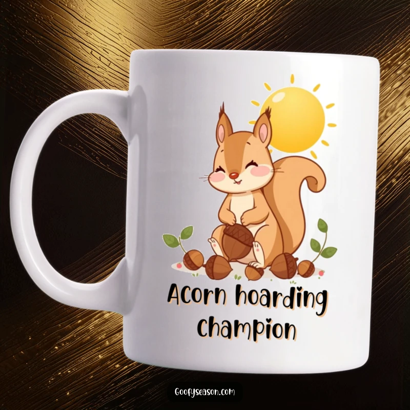 Funny playful squirrel gathering huge acorns under a bright golden sun, autumn theme, cute animal humor.