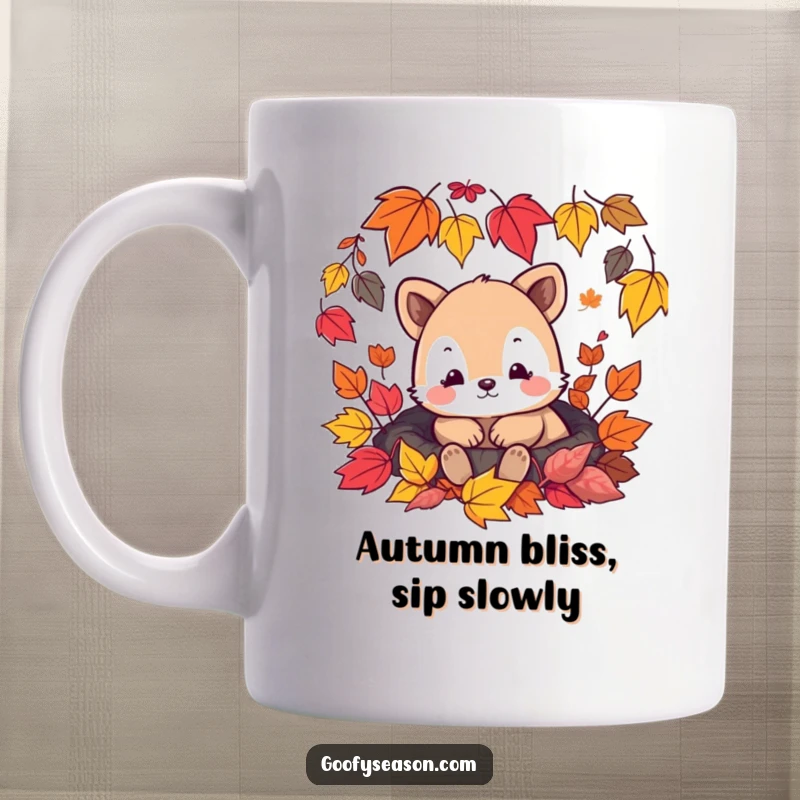 Funny mug showing a content animal character snuggled amongst colorful falling autumn leaves, radiating warmth and peace.