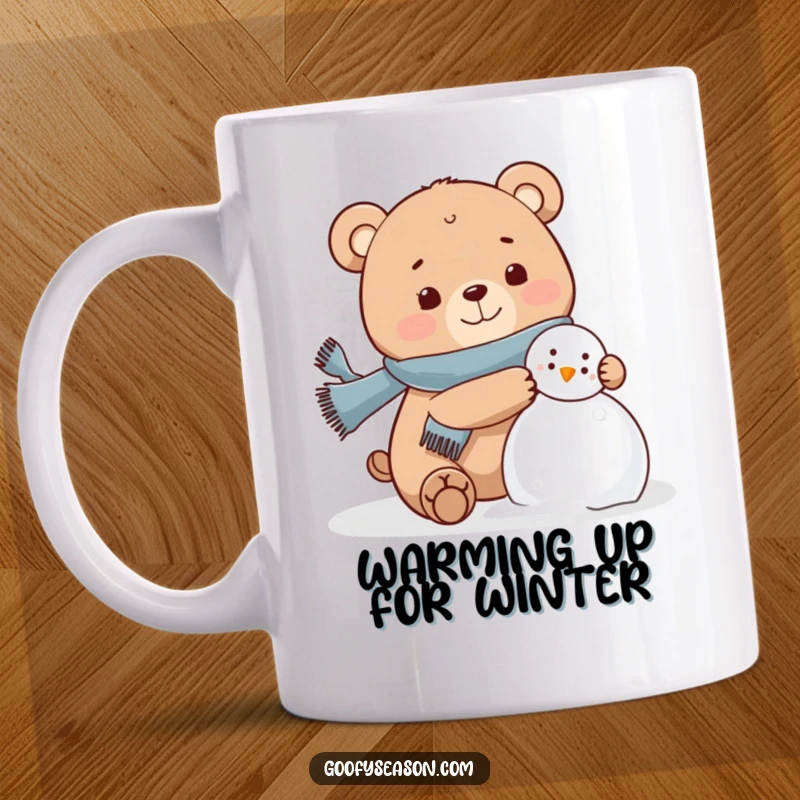 Funny happy bear wearing a scarf, joyfully building a snowman, winter theme, cute character humor.