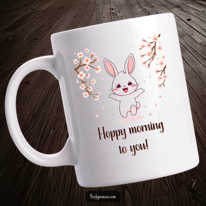 Funny cheerful bunny character hopping happily amidst falling pink cherry blossoms, spring theme, cute.