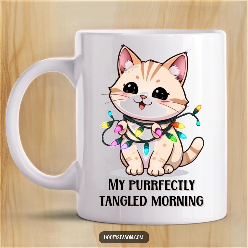 Funny holiday cat mug with a playful, energetic kitty wrapped in blinking Christmas lights, looking mischievous.