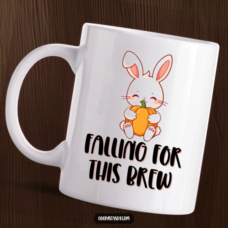 Funny Kawaii bunny with a shy smile clutching a pumpkin, celebrating autumn harvest on a cute mug.