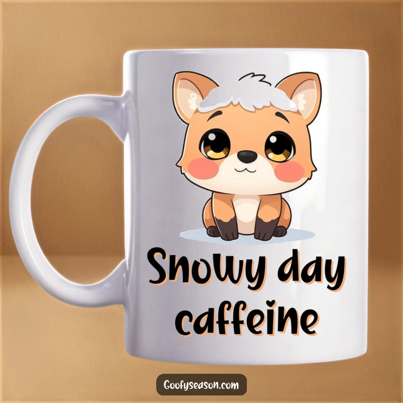 Funny mug illustration of a curious animal character gazing with wide, wonder-filled eyes at a gentle, soft snowfall.
