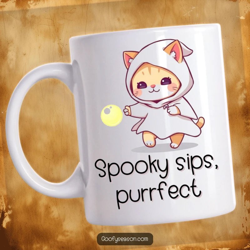 Funny playful cat wearing a ghost costume, chasing a glowing orb on a mug, a whimsical Halloween scene.