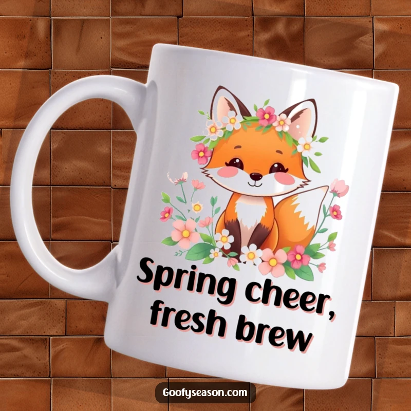 Funny happy fox wearing a spring wreath, surrounded by blooming flowers on a mug, embodying spring joy.