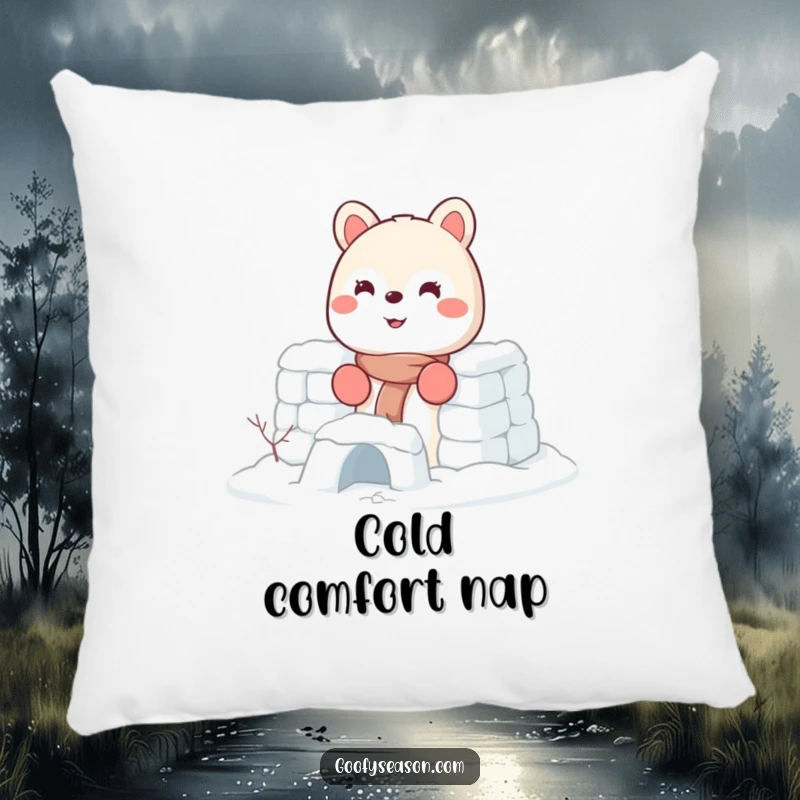 Funny pillow featuring an energetic smiling animal character wearing tiny mittens and building a snow fort, perfect for decor.
