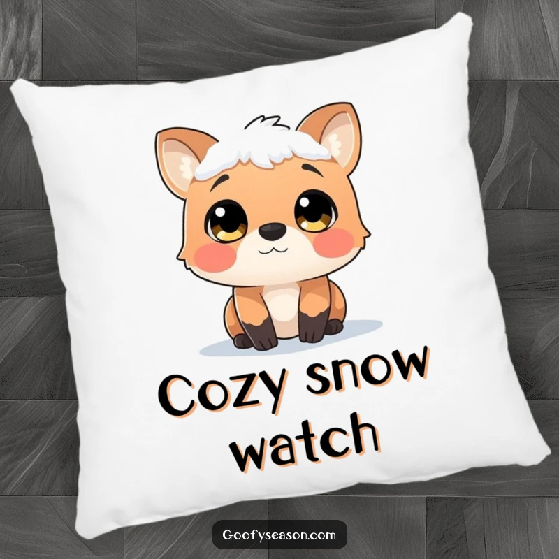 Funny pillow featuring a curious animal character with wide, wonder-filled eyes, peacefully observing a gentle snowfall.