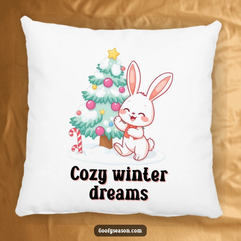Funny bunny character decorating a snow-covered tree with candy, featured on a soft pillow for cozy holiday comfort.