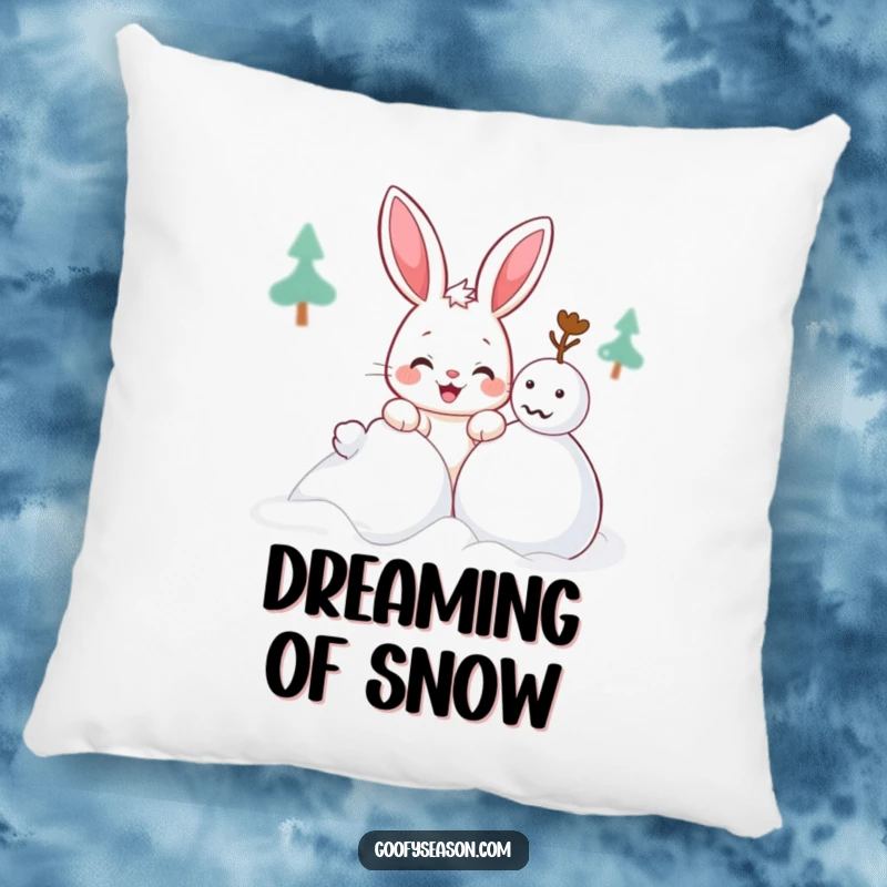 Funny Kawaii bunny pillow featuring a cute character with a mischievous grin building a snowman, soft and decorative.