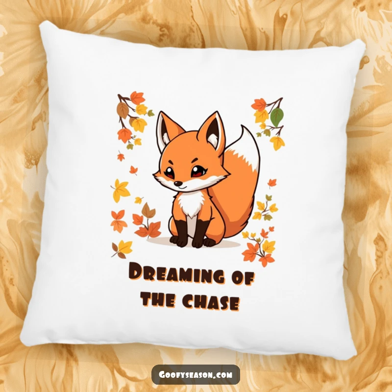 Funny fox pillow featuring a determined fox with a swishing tail among colorful autumn leaves, offering comfort and style.