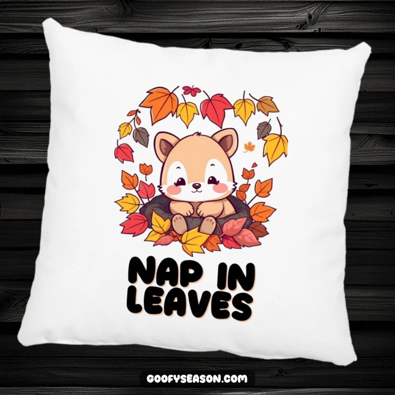 Funny pillow featuring a content animal character resting peacefully amidst a colorful scattering of autumn leaves, ideal for decor.