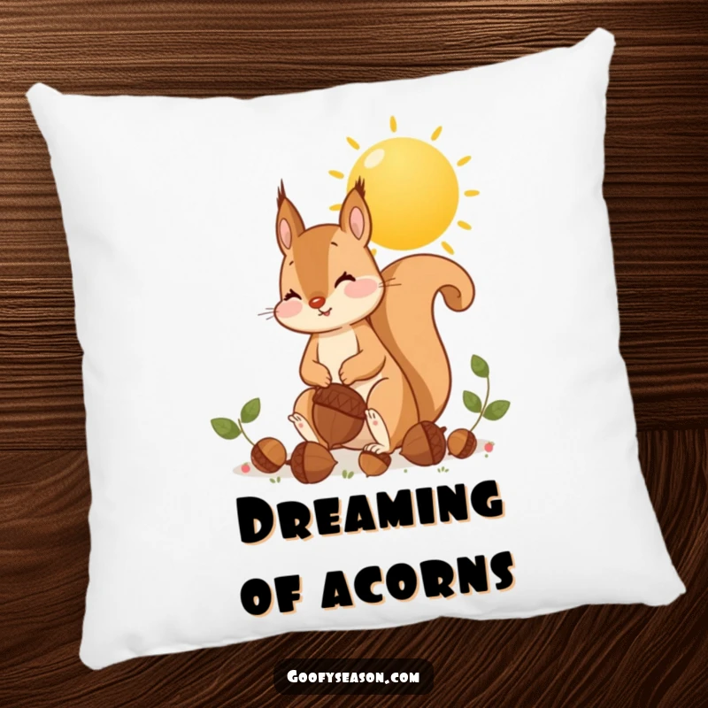 Funny squirrel gathering oversized acorns under a golden sun on a decorative pillow, autumn theme.