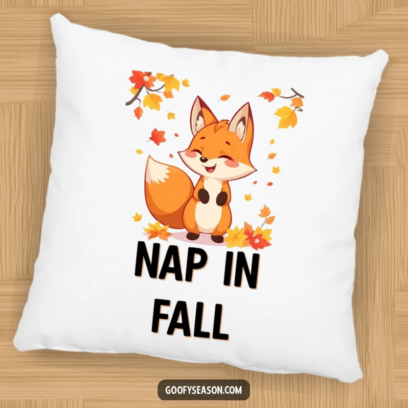 Funny fox character juggling colorful autumn leaves, featured on a soft pillow for cozy fall relaxation.