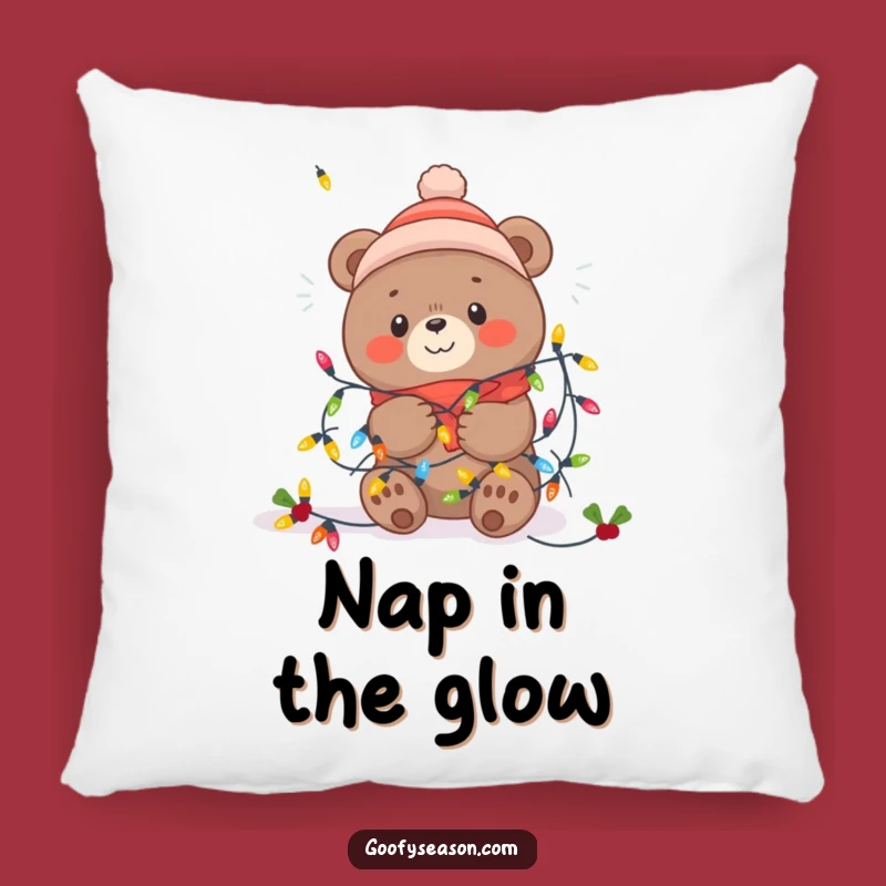 Funny Kawaii Winter Bear Pillow - Festive Lights Tangle Cushion