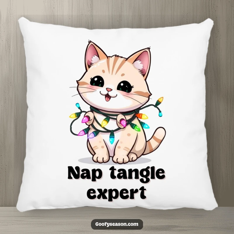 Funny decorative pillow featuring an energetic cat blinking playfully, entangled in glowing holiday lights.