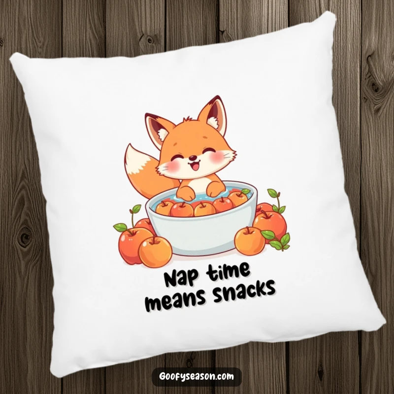 Funny Kawaii fox pillow featuring a cute character gleefully bobbing for apples in a large tub, soft and decorative.