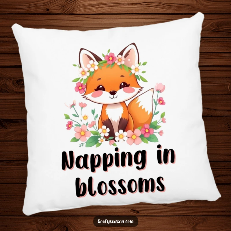 Funny happy fox with a spring wreath and blooming flowers on a decorative pillow, soft and cheerful.