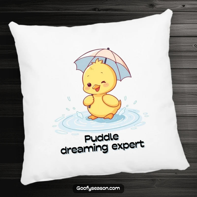 Funny pillow depicting a happy duckling with a small umbrella, cheerfully splashing in a rain puddle.